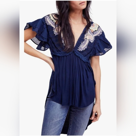 Free People Fiesta Nueva Floral Embroidered Navy Blue Tunic Top Retail $128.00 - Picture 5 of 17